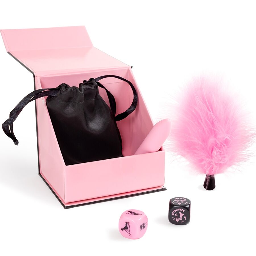CAJA DE PLACERES PARA PAREJAS DADOS + BALA VIBRADORA + PLUMERO